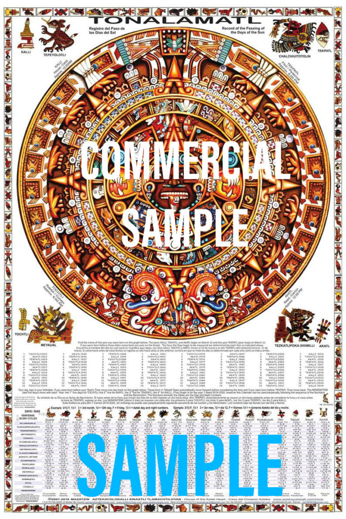 TONALAMATL poster featuring a large Aztek Sun Stone in the center, a decorative glyph border, and calendar/index tables across the bottom, with a ‘NUMERICAL SAMPLE’ watermark