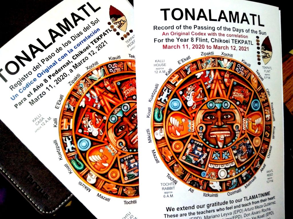 TONALAMATL calendar poster with an Aztek Sun Stone in the center, day-sign labels around the edge, dates ‘March 11, 2016 to March 12, 2017,’ and a large ‘SAMPLE’ watermark over the design.