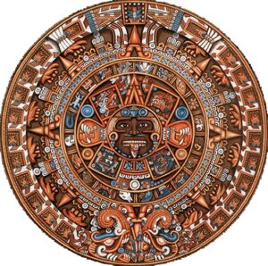 Aztek calendar stone artwork with a central sun deity face, surrounding day-symbol rings, and ornate geometric and animal motifs arranged in a circular pattern.