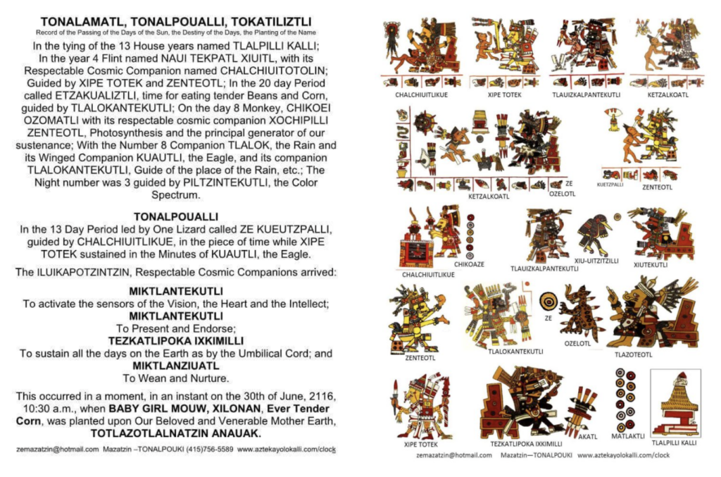 Reference page titled ‘TONALAMATL, TONALPOUALLI, TOKATILIZTLI’ with explanatory text on the left and a labeled grid of Mexika/Aztek glyph figures on the right.